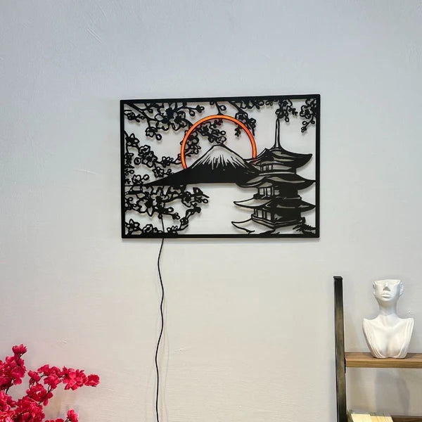 Art mural en métal et néon représentant la montagne Fujiyama au Japon