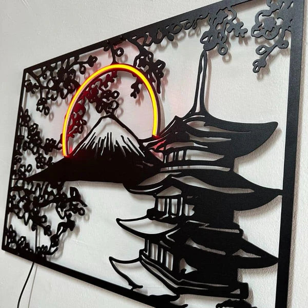 Art mural en métal et néon représentant la montagne Fujiyama au Japon