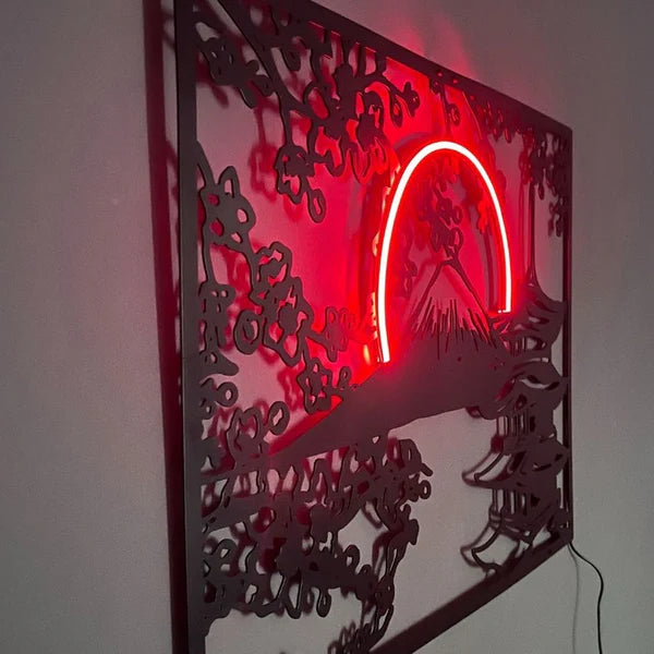 Art mural en métal et néon représentant la montagne Fujiyama au Japon