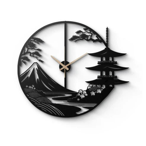 Horloge murale en métal représentant un paysage japonais