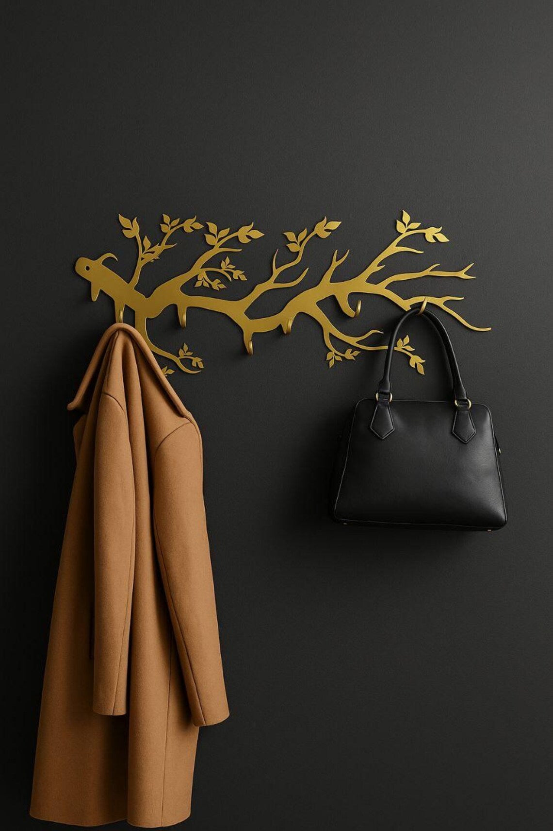 Porte-manteau mural en métal branche d'arbre, patères modernes dorées, décoration murale élégante, organiseur d'entrée, porte-clés