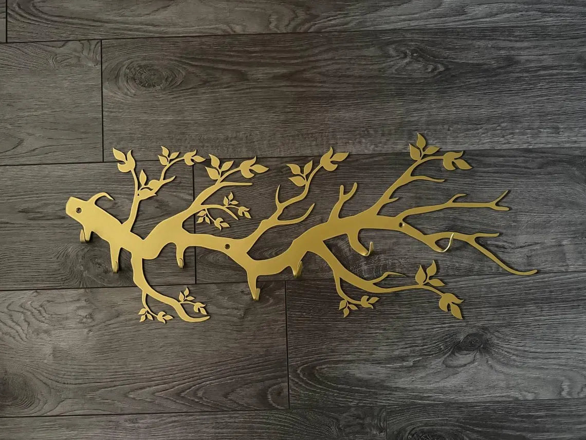 Porte-manteau mural en métal branche d'arbre, patères modernes dorées, décoration murale élégante, organiseur d'entrée, porte-clés